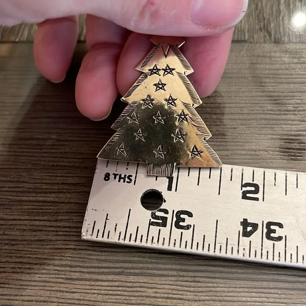 Vintage Brass Christmas Tree Pin with Etched Design Holiday Brooch